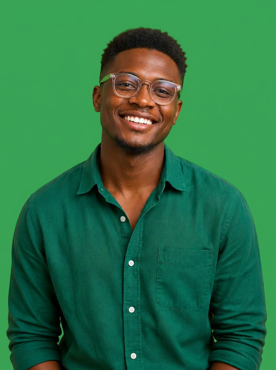 A smiling young Nigerian builder wearing an emerald shirt